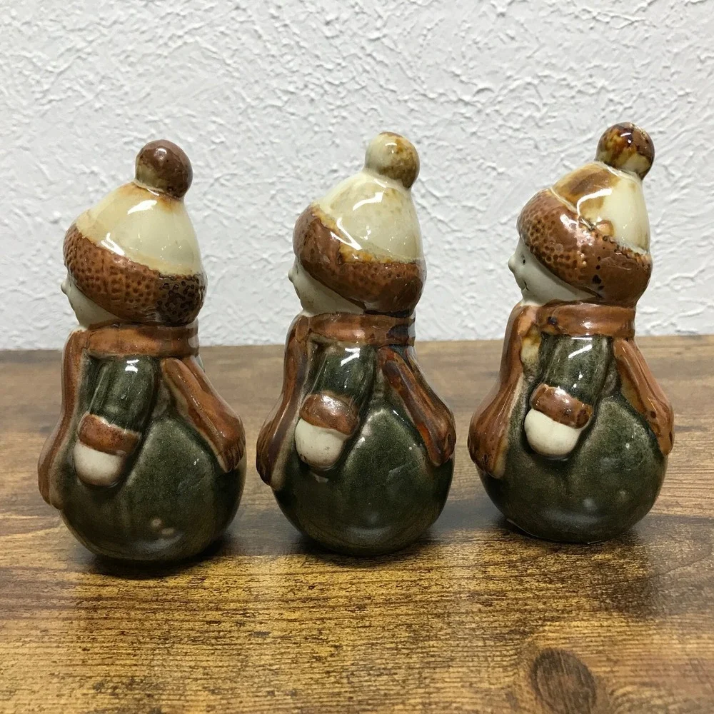 Ceramic Glazed Snowmen Lot of 3 Green‎ Brown Christmas 4.5